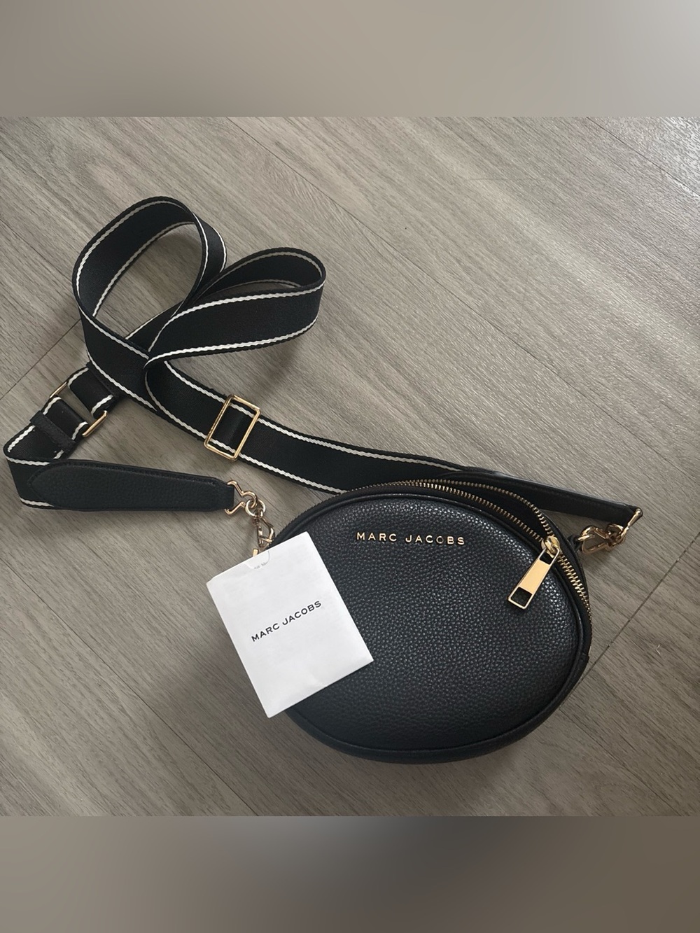 Marc Jacobs Black Oval Pebbled Leather Crossbody with Striped Strap